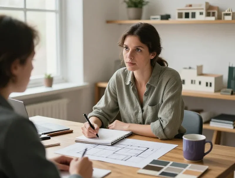 Arquitecta y cliente conversando sobre planos en un estudio luminoso para planificar una vivienda.